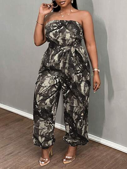 Slaydiva 大码休闲街头印花露肩连体裤，配有腰带、口袋和弹性袖口