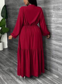 Slaydiva Plus Elegant,Casual & Party Solid Long Sleeve V-Neck A-Line Dress With Drawstring Waist, Hem Splicing Details For Women, Spring/Autumn - Burgundy - View 2