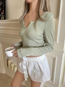 SHEIN EZwear Long Sleeve V-Neck Solid Color Cropped Women T-Shirt - Green - View 3