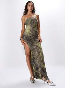MUSERA Distressed Bandeau Split Maxi Dress Ibiza Fits Boho Spring Vacation Summer Festival Long Dress Elegant Graduation Prom - Multicolor - View 3