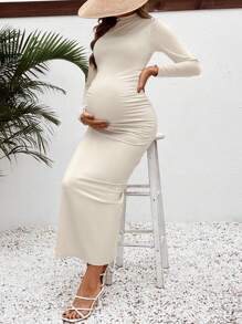 SHEIN Váy dài chụp ảnh bà bầu dáng ôm cổ đứng cho mùa thu - Màu be - Xem 3