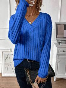 Lymera Women's Blue Solid V-Neck Drop Shoulder Long Sleeve Loose Casual Sweatshirt, Autumn/Winter,Long Sleeve Tops Graduation,Back To School Outfits,Graduation,Teacher Outfits For Women,Back To School Pullover Fall Outfit - Blue - View 5