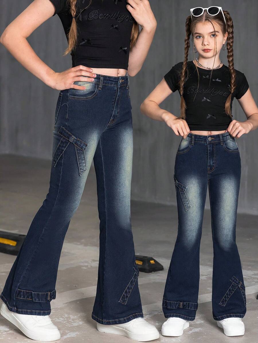 SHEIN 青少年女孩时尚休闲蝴蝶结点缀复古喇叭牛仔裤 - 深色水洗藍 - 查看 1