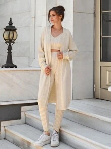 EURMUSE 3 Pieces Cable Knit Casual Long Cardigan Knitted Leggings And Knit Top Sweater Set - Beige - View 5
