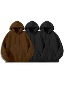 Manfinity Homme Men's Solid Color Long Sleeve Hooded Pocket Sweatshirt, Casual Daily Wear