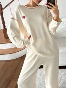 DAZY 撞色装饰休闲家居服套装睡衣 - 杏色 - 查看 4