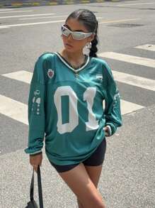 Muchica Women's New Number & Letter Printed Soccer T-Shirt, Back To School Casual Wear