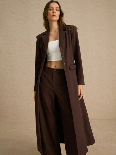 Poéselle Women's Brown Single-Breasted Wide Strap Slimming Both Sides Real Pockets Long Sleeve Long Blazer, Brown Long Trench Coat Jacket, Autumn Women's Clothing, Winter Coat, Winter Women's Jackets, Daily Outing, Casual And Versatile, You Can Buy The Same Style With Trousers, Suitable For Autumn Matching And Formal Business Scenes FW24,