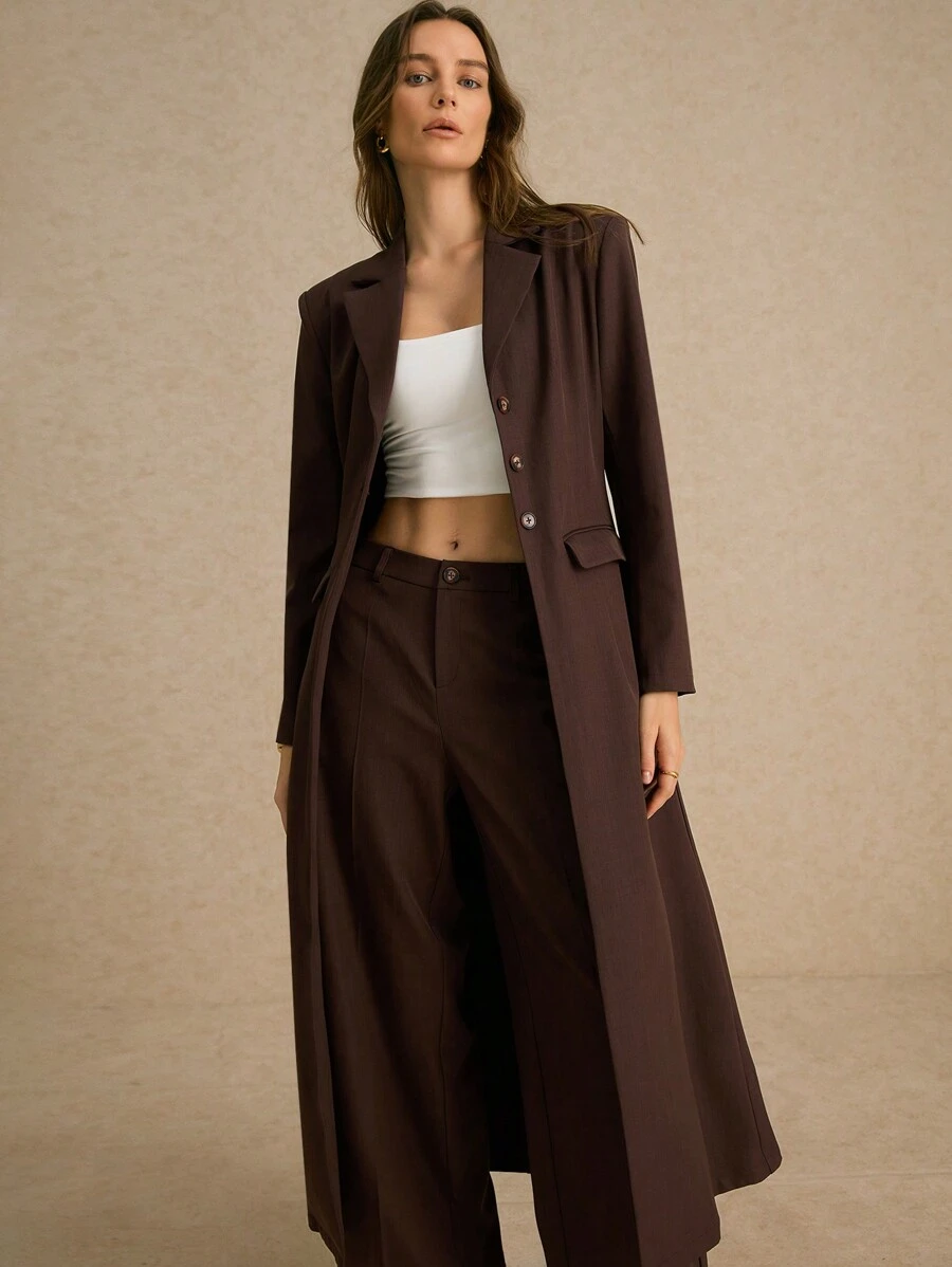 Poéselle 女款棕色单排扣宽肩带修身两侧真口袋长袖长款西装外套，棕色长款风衣外套，秋季女装，冬季大衣，冬季女装外套，日常出游，休闲百搭，可购买同款裤装，适合秋季搭配及正式商务场合 FW24， - 巧克力棕 - 查看 1