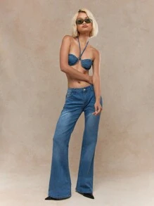 MISSGUIDED Denim Halter Neck Tie Bandeau Top And Faded Flared Jean Co-Ord - Blue - View 1