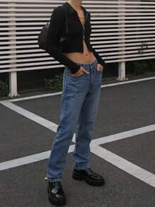 DAZY 女士短款修身T恤长袖女式上衣 - 黑色 - 查看 2