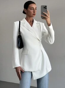 Aloruh New White Garibaldi Cinched Waist Asymmetric Hem Elegant Women Blazer - White - View 3