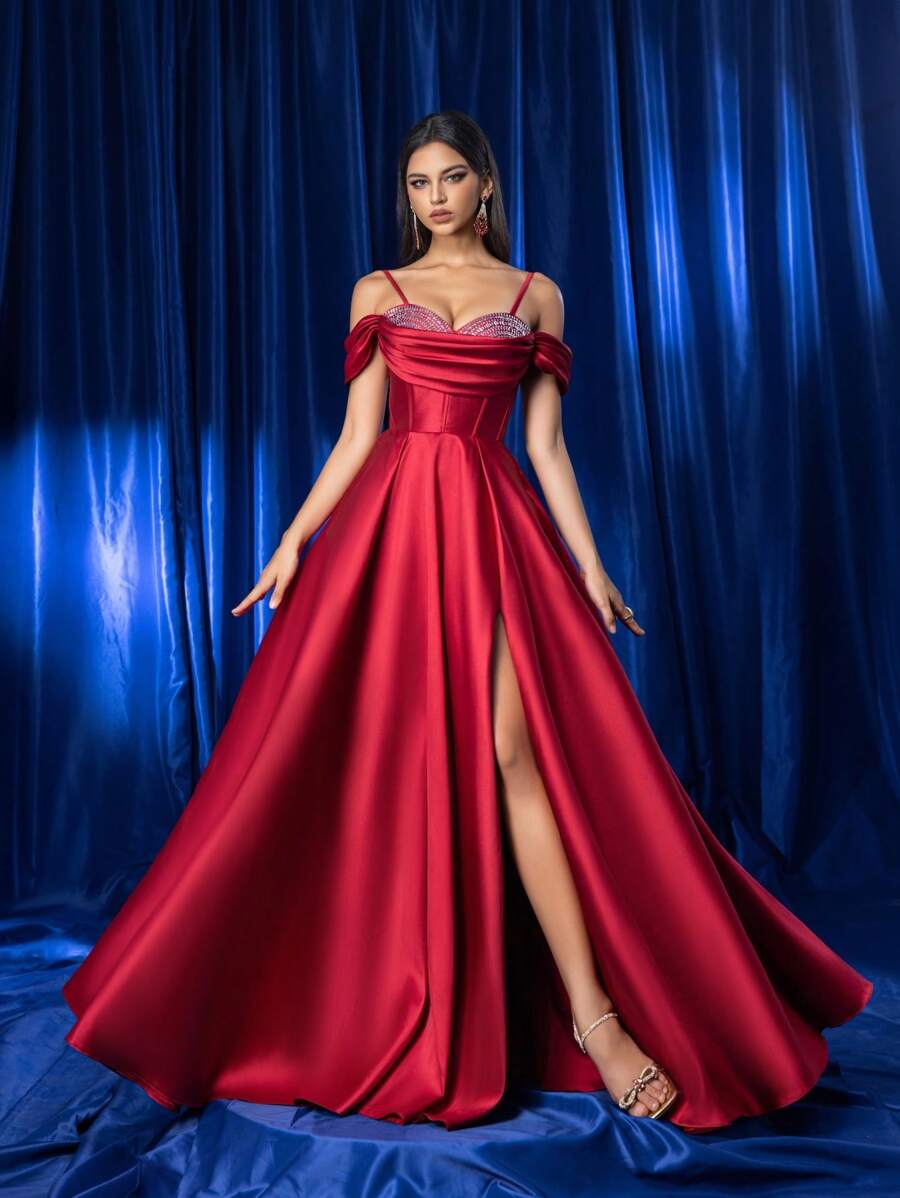 Kexmon Elegante Luxo Vermelho Cetim Brilhante Ombro Aberto Alta Fenda Vestido de Festa Formal, Vestido de Noite de Baile, Para Convidado de Casamento, Formatura, Jantar - Borgonha - Ver 1