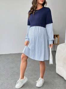 SHEIN Maternity Nursing Dress, Knit Round Neck Long Sleeve Colorblock Pregnant Women Dress, Blue - Blue - View 3