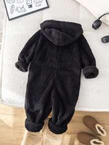 SHEIN Leap Crew 1 件装年轻男孩服装，加厚保暖内衬连帽连体裤，适合通勤、学校、休闲、学院风、学院风、基本款 - 黑色 - 查看 2