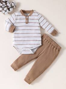 2pcs/Set Baby Boys Striped Patchwork Bidysuit And Pants Set, Casual & Comfortable