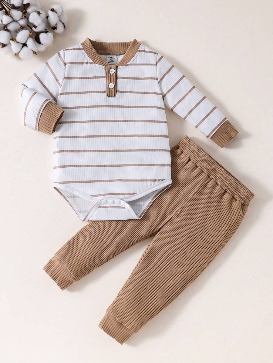 2pcs/Set Baby Boys Striped Patchwork Bidysuit And Pants Set, Casual & Comfortable