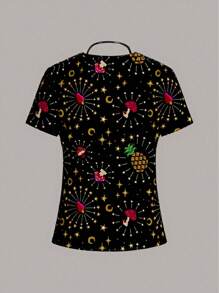 PopScrub Women's V-Neck All-Over Print Distressed Blouse With 2 Pockets - Comfortable Work Uniform Scrub Top
