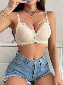 女士蕾丝撞色镂空细肩带文胸