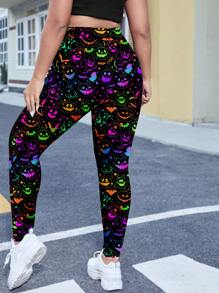 SHEIN EZwear 大码休闲简约万圣节彩色图案印花紧身裤，夏季 - 白色 - 查看 3