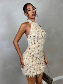 SHEIN BAE Women's Cream Summer 70s Retro Sequin Party Backless Halter Off Shoulder Mini Dress,Glitter Wedding Guest Homecoming Love And Lemonade Outfits - Khaki - View 3