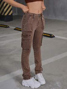 SHEIN Quần jean dài denim màu nâu bạc màu, có túi nắp, phong cách Y2K dành cho nữ tuổi teen, thích hợp cho mùa thu đi học. - Cà phê nâu - Xem 5