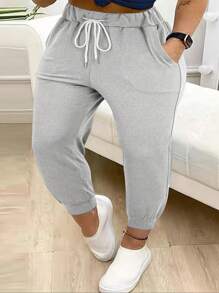 大码女式纯色抽绳腰慢跑裤