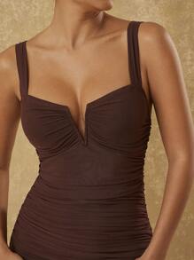 Hauture V Neck Ruched Mesh Sleeveless Dress - Coffee Brown - View 2