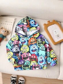 SHEIN Baby Boy Unisex Casual Cute Funny Monster Print Hooded Sweatshirt, Loose Fit, Suitable For Spring & Fall Wear, Suitable For Indoor And Outdoor