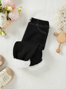 SHEIN Baby Girls All-Match Solid Color Thermal Lined Leggings Cute Black Elastic Knit Letter Pattern Drawstring Waist Pants, Soft Comfortable Stretchy Warm Pants For Spring, Fall And Winter - Black - View 1