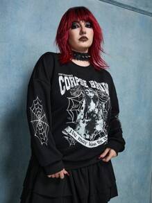Corpse Bride X SHEIN Plus Size Casual Cartoon Character & Slogan Loose Fit Drop Shoulder Sweatshirt, Spring And Autumn Winter Fall - Black - View 7