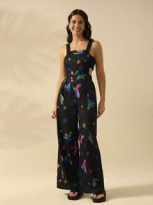 CAJUNI Women's Holiday Vacation Casual Bohemian Tropical Bird Print Black Jumpsuit For Summer
