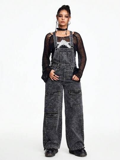 Grunge Punk Casual Distressed Washed Color 3D Pocket Women's Denim Overalls, Suitable For Pairing With Tops And Shirts In Autumn/Winter