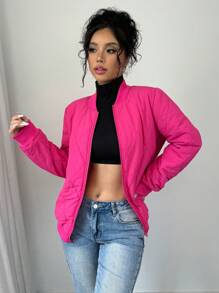SHEIN Unity 钻石绗缝休闲棉服，秋冬装 - 玫瑰紅 - 查看 4