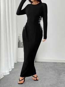 Modelyn 女士圆领长袖拼色前系带修身连衣裙 - 黑色 - 查看 1