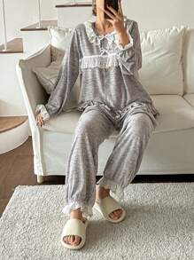 DAZY Sweet Bow Accent Floral Trim Pajama Set - Grey - View 6