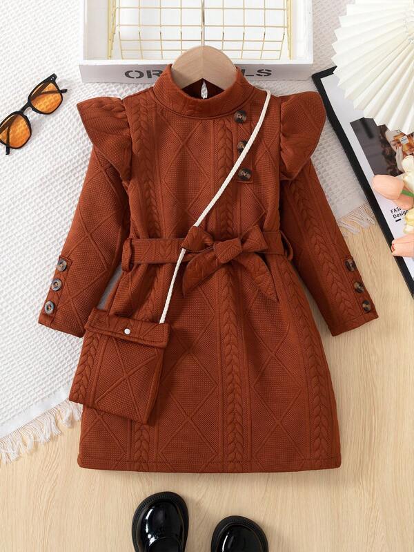 Elladie kids Young Girl Stand Collar Ruffle Waistband Long Sleeve Solid Color Dress