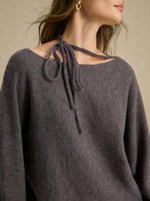 Poéselle 女士灰色领带毛衣纯色圆领休闲针织毛衣毛衣秋装冬季女装长袖秋季毛衣秋季服装复古冬装女式毛衣 - 灰色 - 查看 2