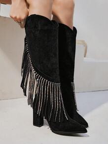 Styleloop Women's Rhinestone Fringe Cowboy Boots, Black, Winter Fall - Black - View 6