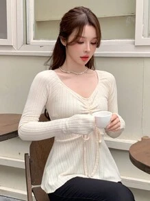 DAZY Damen Lässiges V-Ausschnitt Langarm Pullover Top mit Kordelzug und Rüschensaum, Frühling und Sommer, Herbstkleidung, Schulkleidung