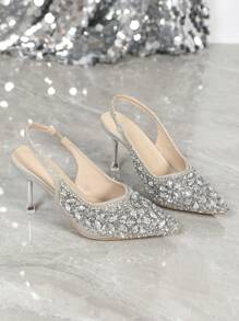 CUCCOO TILAWA 女士尖头细高跟鞋，日常穿着法式优雅性感婚礼派对水钻正装鞋秋季新年假期 - 銀色 - 查看 7