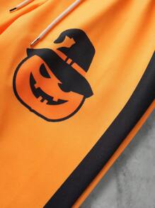 Manfinity EMRG Pantaloni de sport de Halloween pentru bărbați, în culoare uni, cu cravată în față și cu litere imprimate - Galben - Vizualizare 4