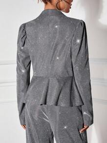 SHEIN SXY Áo khoác Blazer thanh lịch tay bồng cổ bẻ đính sequin cỡ lớn cho nữ, mùa thu - Bạc - Xem 2