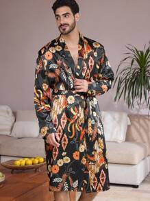 Manfinity ChillVibe Men Full Print Belted Pajama Robe - Multicolor - View 6