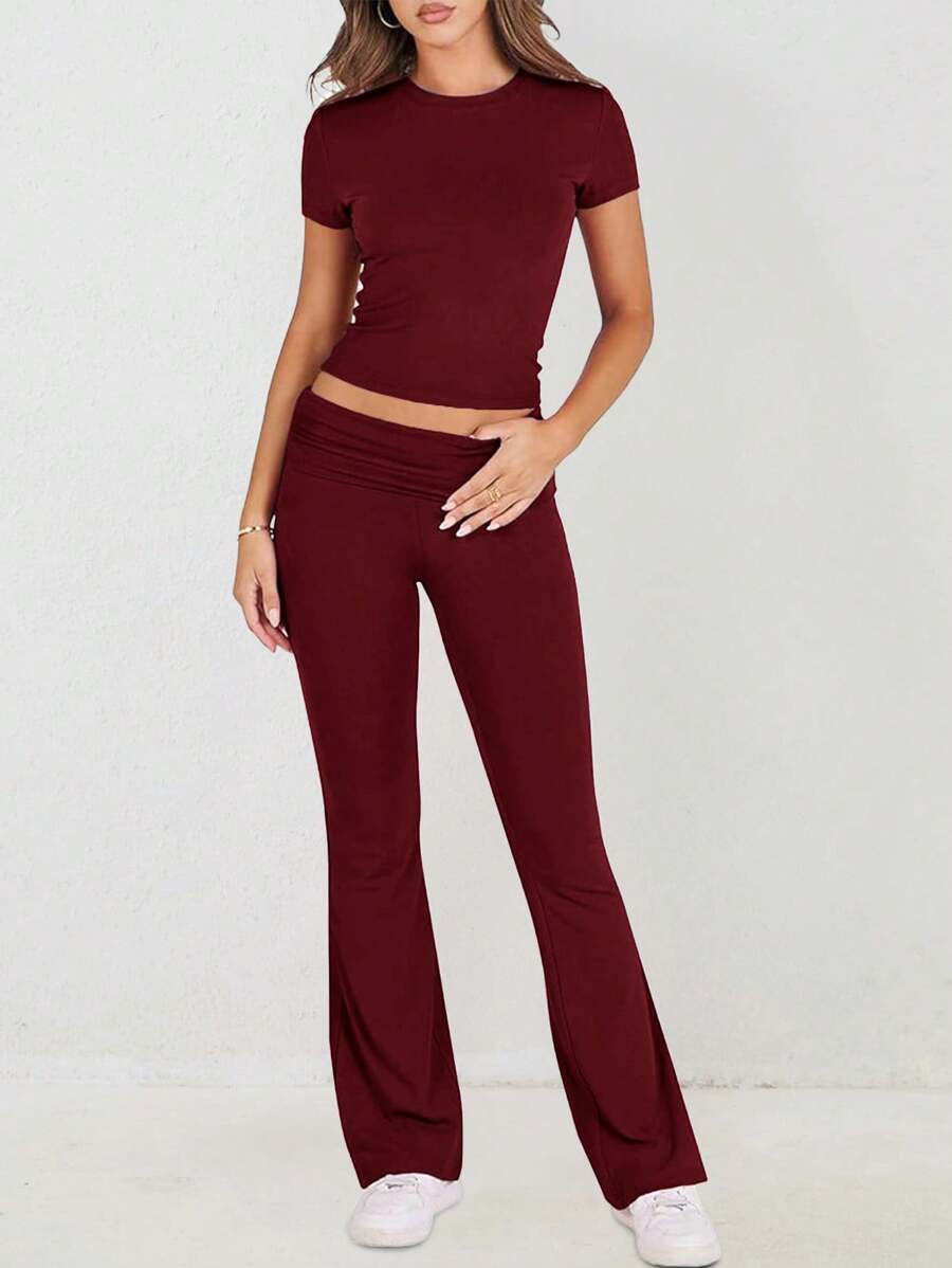 GAOVOT Women's Two Pieces Spring/Summer Home Casual Sports Gym Round Neck Short Sleeve T-Shirt Top And Straight Pant Suit Elegant - Burgundy - View 1