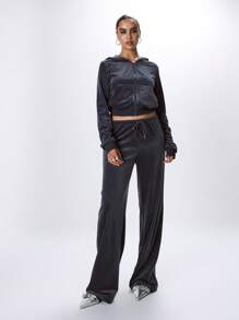 Velour Embroidered Musera Zip Hoodie - Dusty Blue - View 4