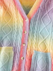 Girls Ombre Color Mid-Length Cardigan Sweater, Loose Casual, Comfy, Versatile, Suitable For Daily, Party, Autumn Winter - Multicolor - View 3