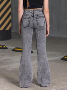 SHEIN Tween Girl Fashionable Casual Washed Denim Flare Pants - Dark Grey - View 2