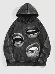 ROMWE MEN Men's Lip Print Hooded Long Sleeve Sweatshirt - Black - View 1