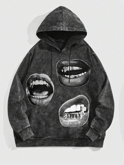 Herren Kapuzenpullover mit Lippen Aufdruck und Langarm